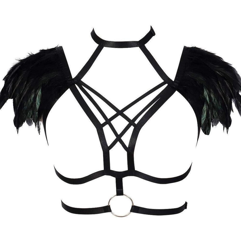 6709 Body Harness Feathers Strappy Elastic Cupless Bra Hollow Out Tops